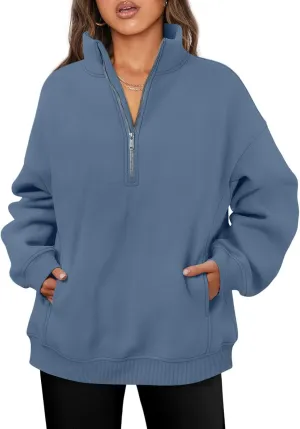 Womens Oversized Sweatshirts Half Zip Long Sleeve Pullover Drop Shoulder Turtleneck Sweaters with Pockets