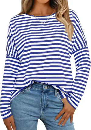 Womens Oversized T Shirts Striped Long Sleeve Crew Neck Casual Loose fit Fall Fashion Tops Basic Tunic tees 2024