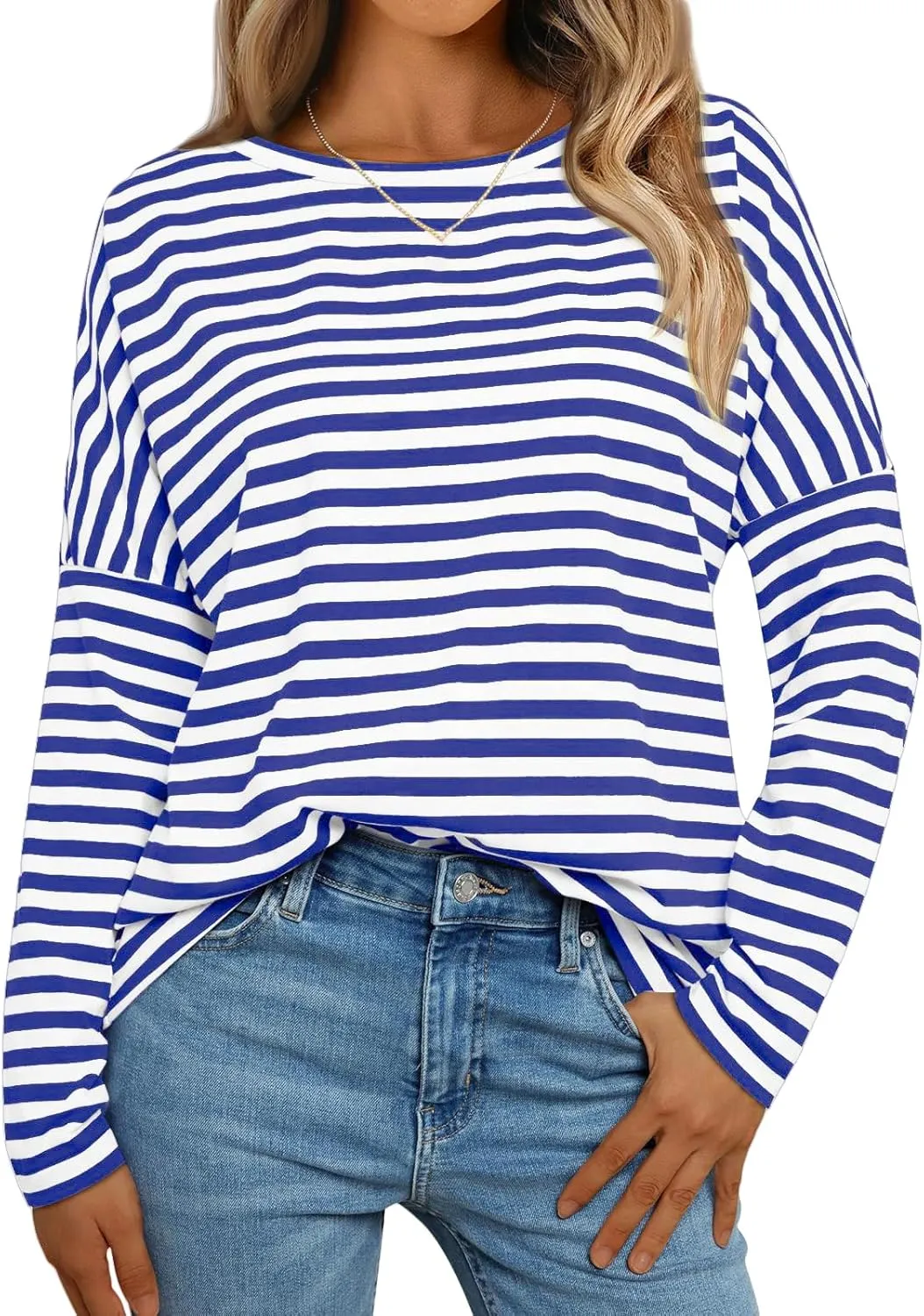 Womens Oversized T Shirts Striped Long Sleeve Crew Neck Casual Loose fit Fall Fashion Tops Basic Tunic tees 2024