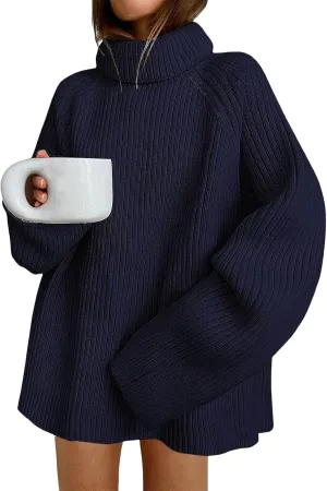 Women's Oversized Turtleneck Sweaters Heavy Cable Knit Sweatshirt Loose Fit Ribbed Pullover Long Bubble Sleeve Tops