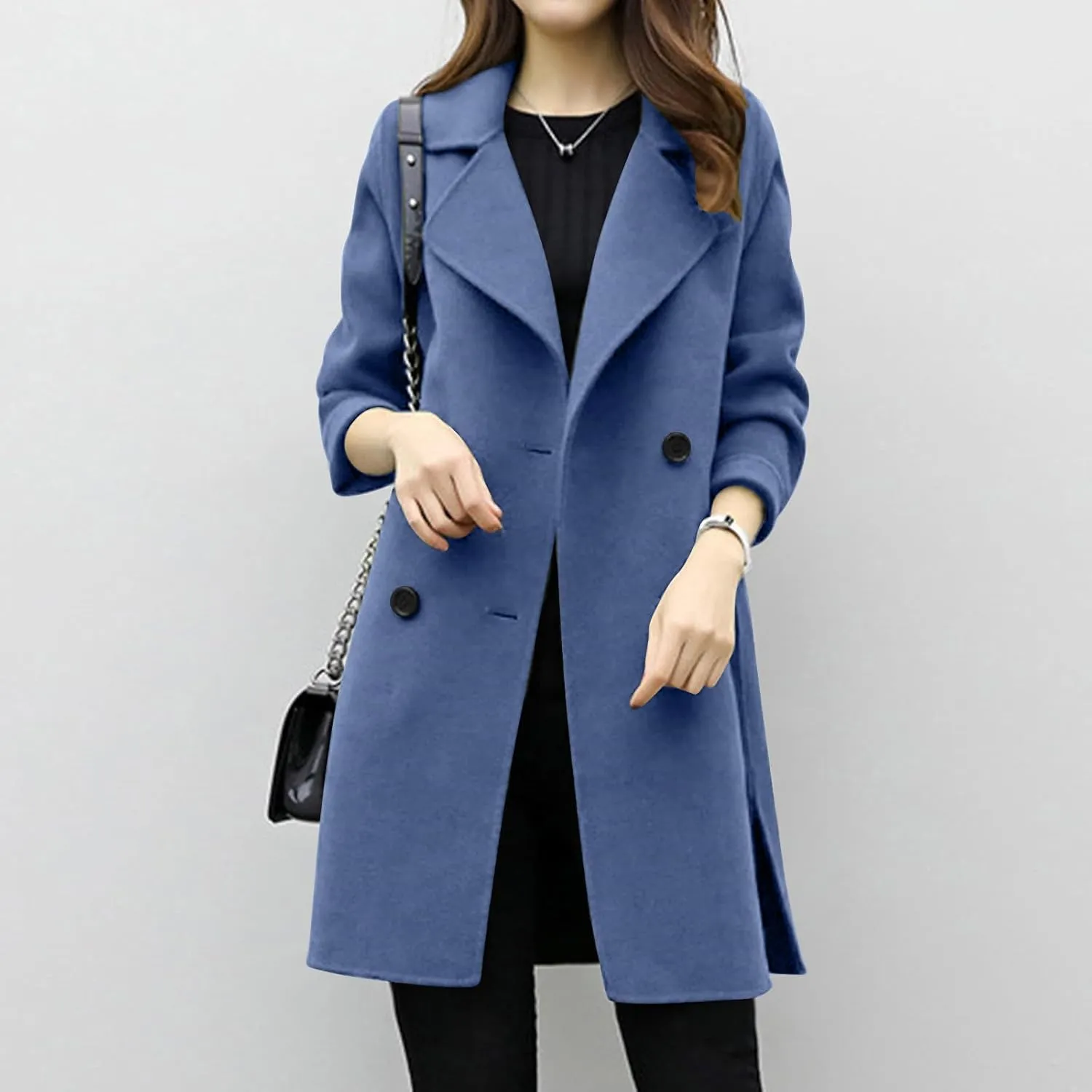Women's Pea Coat Double Breasted Notched Lapel Wool Coats Casual Open Front Trench Coat Long Outerwear with Belt