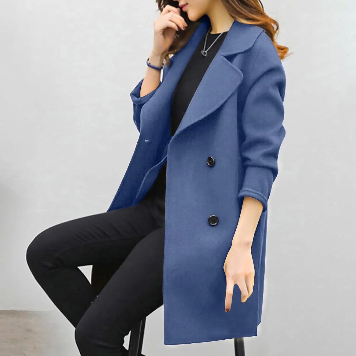 Women's Pea Coat Double Breasted Notched Lapel Wool Coats Casual Open Front Trench Coat Long Outerwear with Belt
