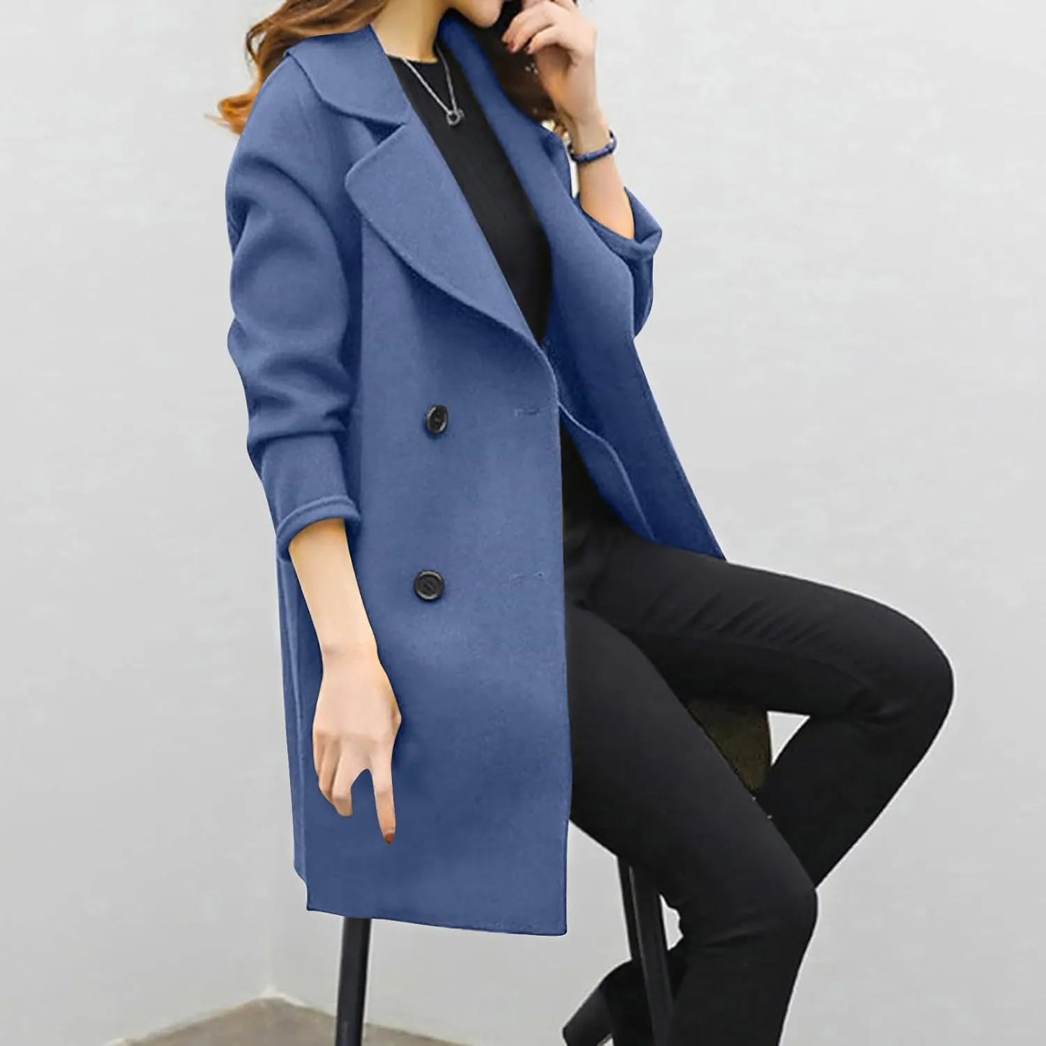 Women's Pea Coat Double Breasted Notched Lapel Wool Coats Casual Open Front Trench Coat Long Outerwear with Belt