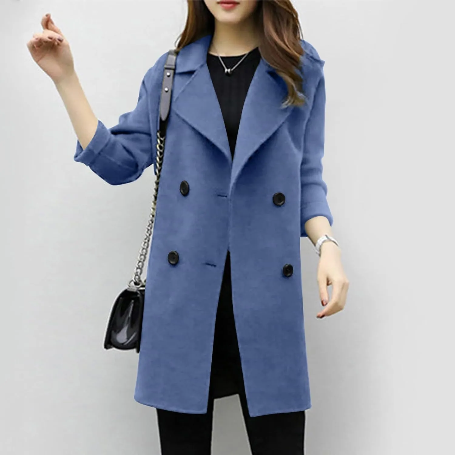 Women's Pea Coat Double Breasted Notched Lapel Wool Coats Casual Open Front Trench Coat Long Outerwear with Belt