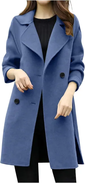 Women's Pea Coat Double Breasted Notched Lapel Wool Coats Casual Open Front Trench Coat Long Outerwear with Belt