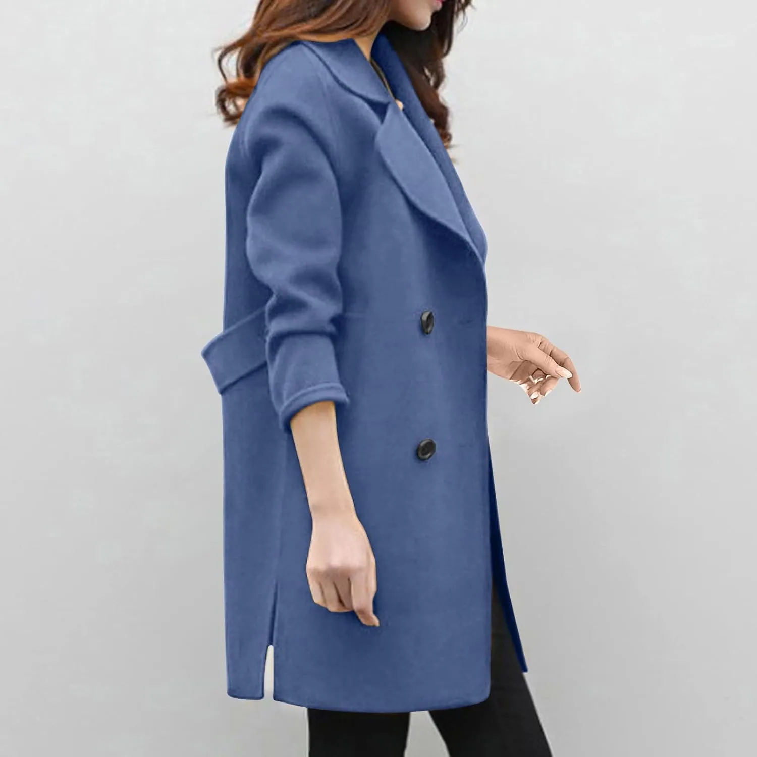 Women's Pea Coat Double Breasted Notched Lapel Wool Coats Casual Open Front Trench Coat Long Outerwear with Belt