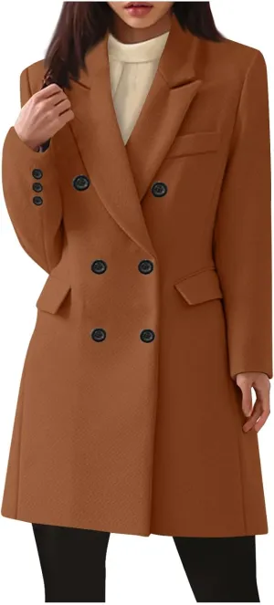 Womens Pea Coat Plus Size Wool Coat Long Winter Coat Elegant Dress Coat Office Work Jacket Business Casual Coats