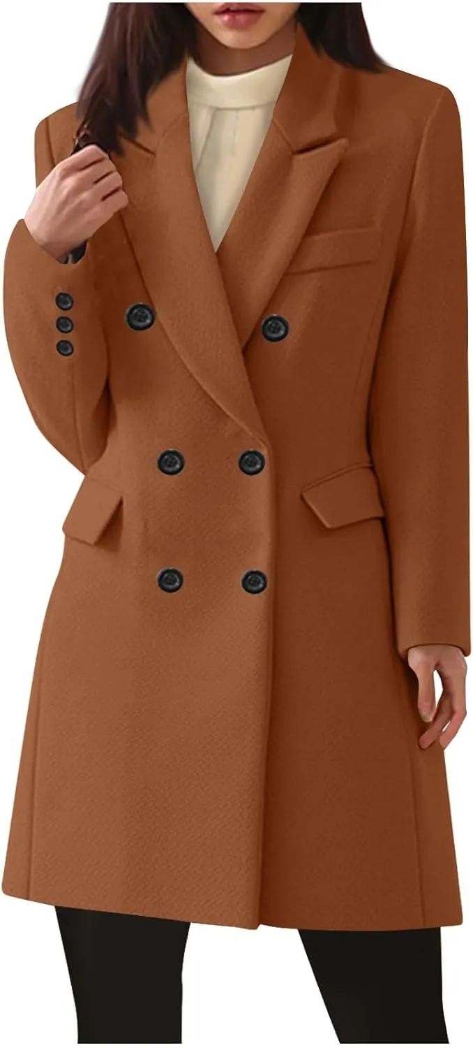 Womens Pea Coat Plus Size Wool Coat Long Winter Coat Elegant Dress Coat Office Work Jacket Business Casual Coats
