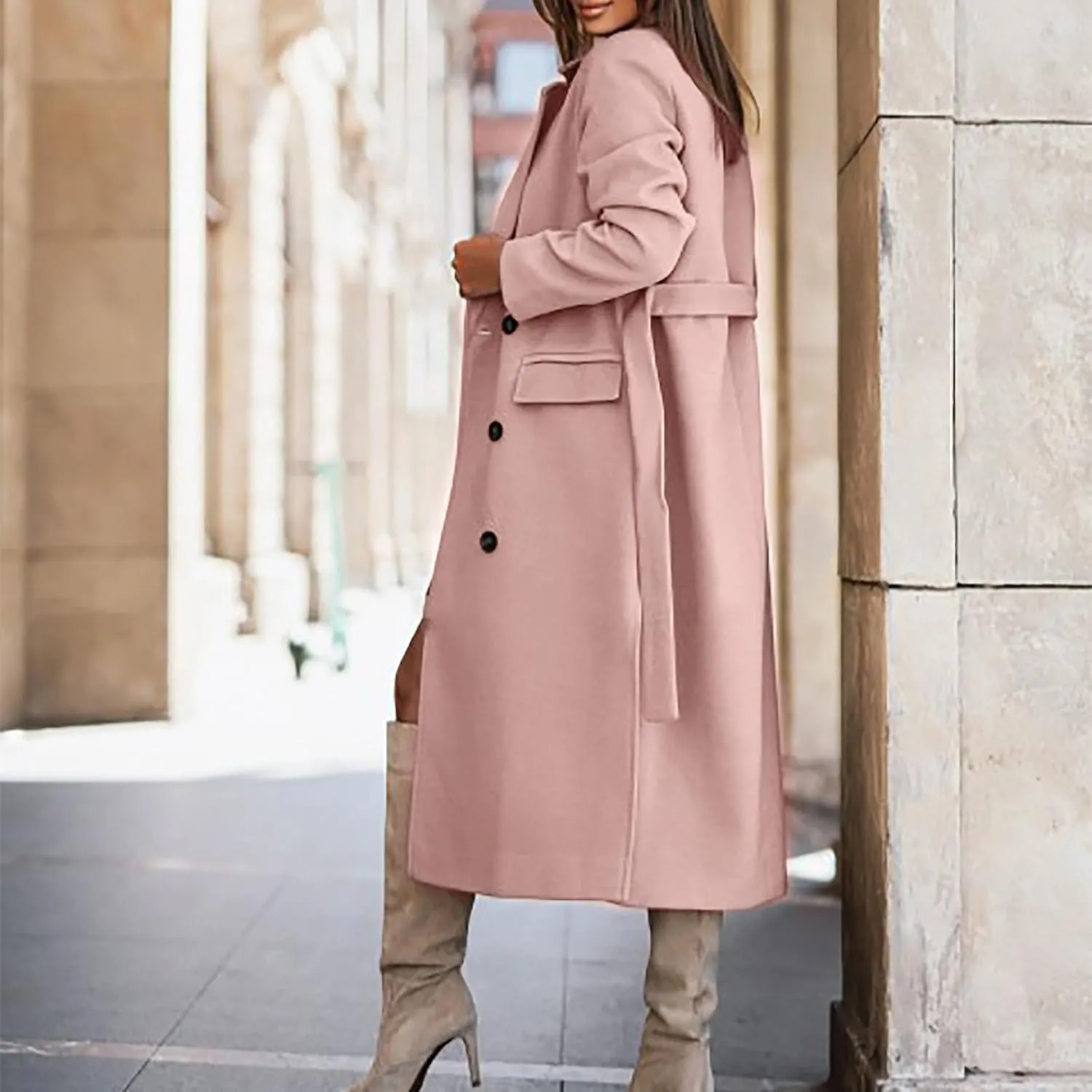 Womens Pea Coats Casual Double Breasted Wool Overcoat Plus Size Lapel Trench Coats Winter Outerwear with Pockets