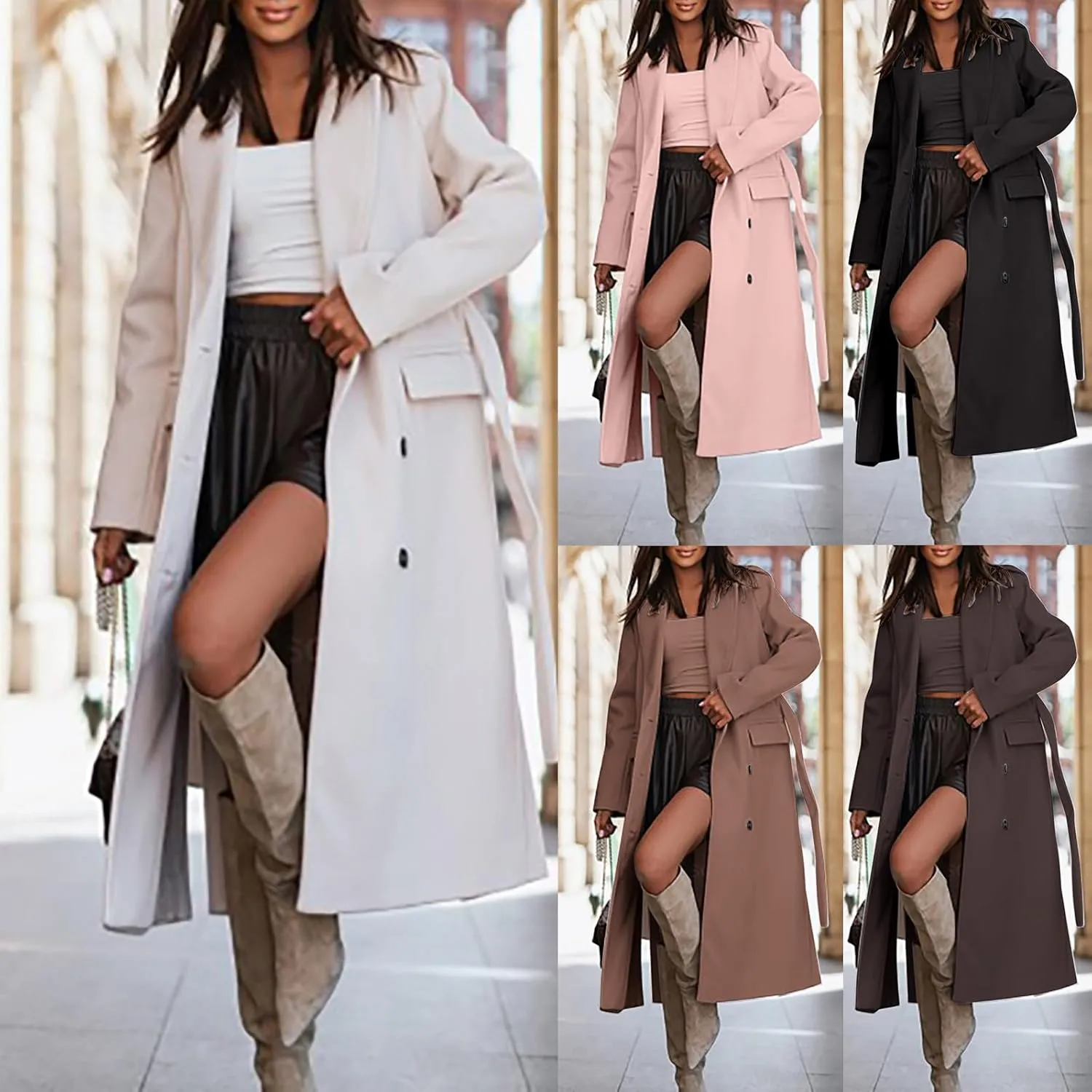 Womens Pea Coats Casual Double Breasted Wool Overcoat Plus Size Lapel Trench Coats Winter Outerwear with Pockets
