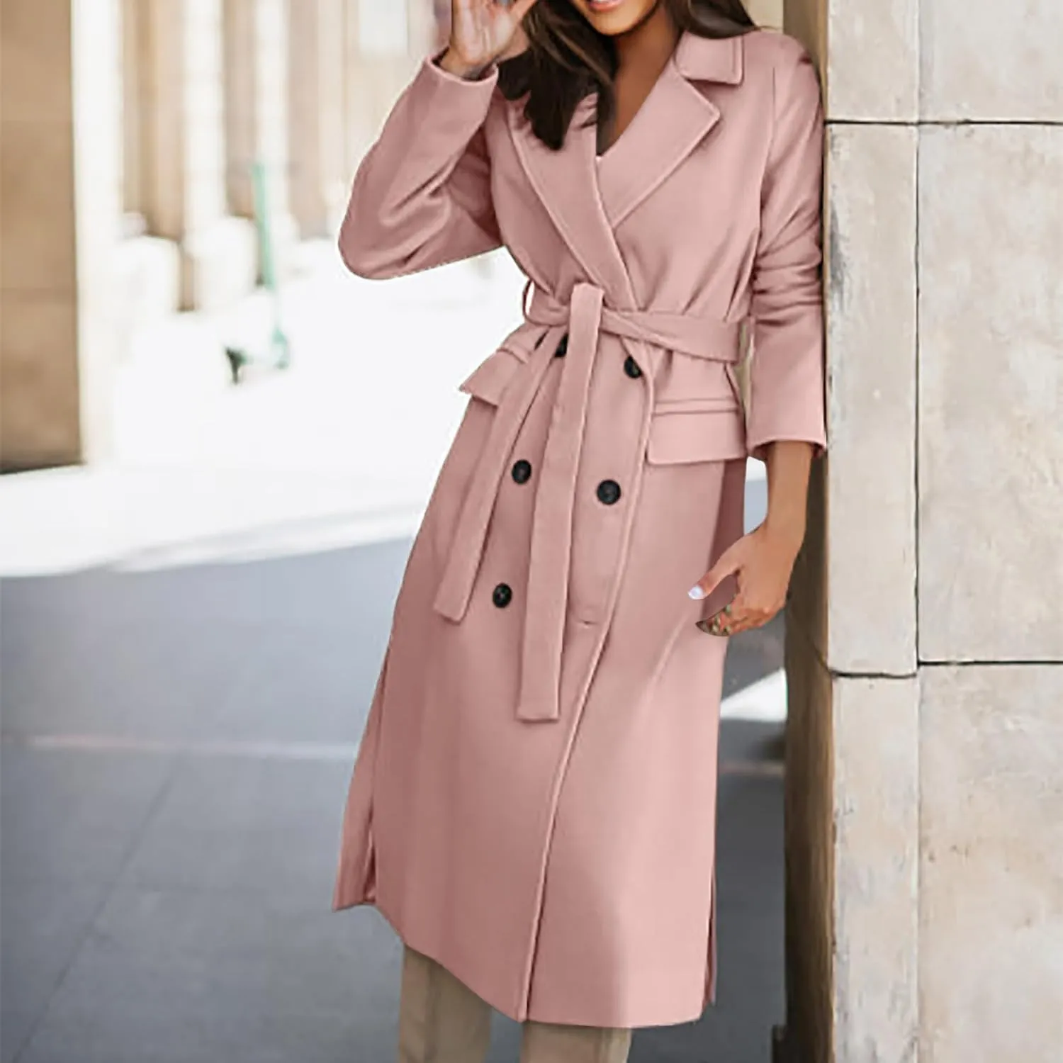 Womens Pea Coats Casual Double Breasted Wool Overcoat Plus Size Lapel Trench Coats Winter Outerwear with Pockets