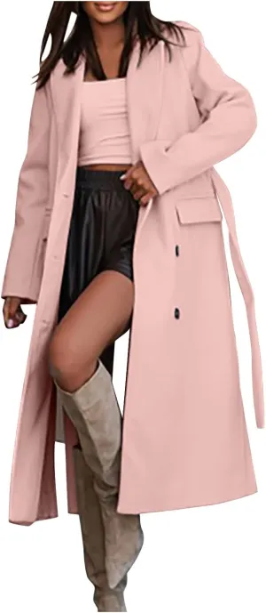 Womens Pea Coats Casual Double Breasted Wool Overcoat Plus Size Lapel Trench Coats Winter Outerwear with Pockets