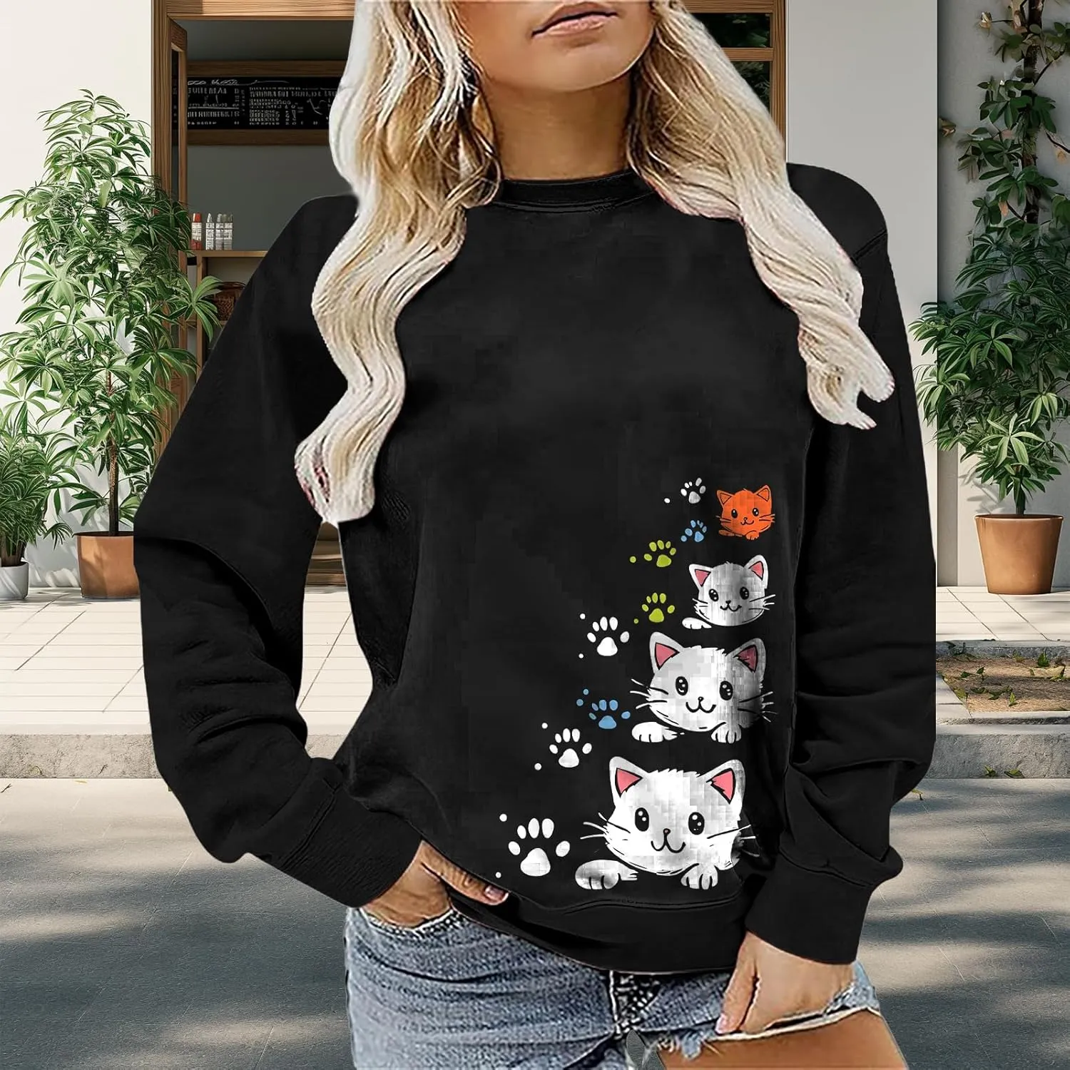 Womens Plus Size Sweatshirts Tops Casual Cute Cat Graphic Soft Lightweight Pullover Fall Trendy Clothes