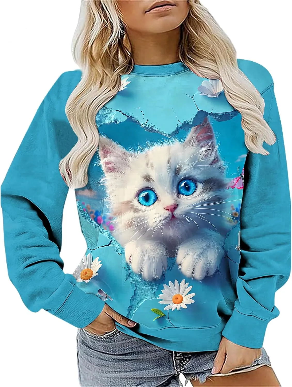 Womens Plus Size Sweatshirts Tops Casual Cute Cat Graphic Soft Lightweight Pullover Fall Trendy Clothes
