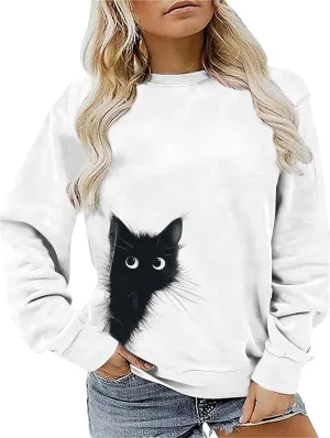 Womens Plus Size Sweatshirts Tops Casual Cute Cat Graphic Soft Lightweight Pullover Fall Trendy Clothes