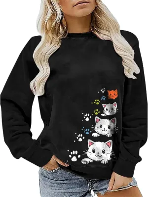 Womens Plus Size Sweatshirts Tops Casual Cute Cat Graphic Soft Lightweight Pullover Fall Trendy Clothes