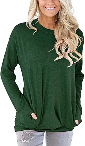 Womens Pocket Shirts Casual Loose Fit Tunic Top Comfy Cute Sweatshirts Long Sleeve Crewneck Pullovers T-Shirts