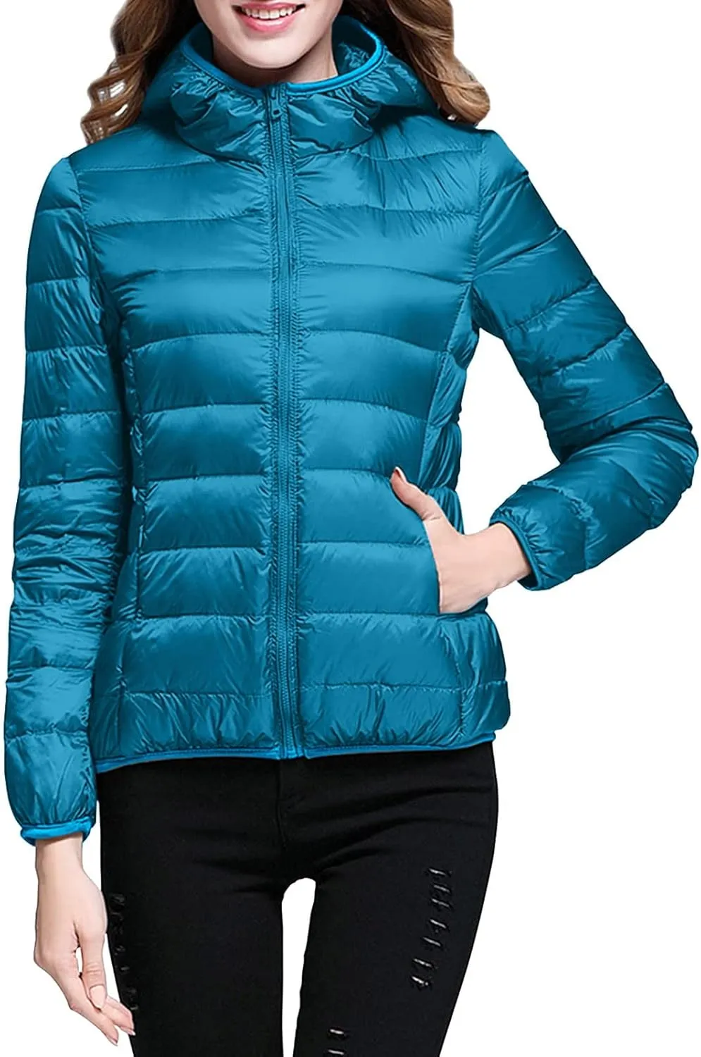 Womens Puffer Coat Winter Warm Packable Hooded Down Jacket Lightweight Slim Fit Hooded Outwear Short Duck Down Coat