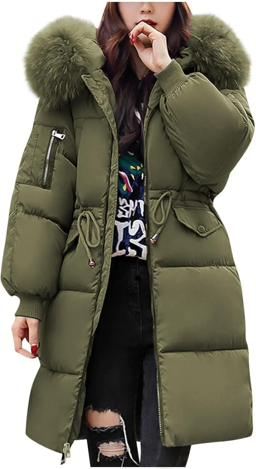 Womens Puffer Coat with Fur Hood Thicken Warm Long Quilted Down Jackets Plus Size Full Zip Windproof Parka Outerwear