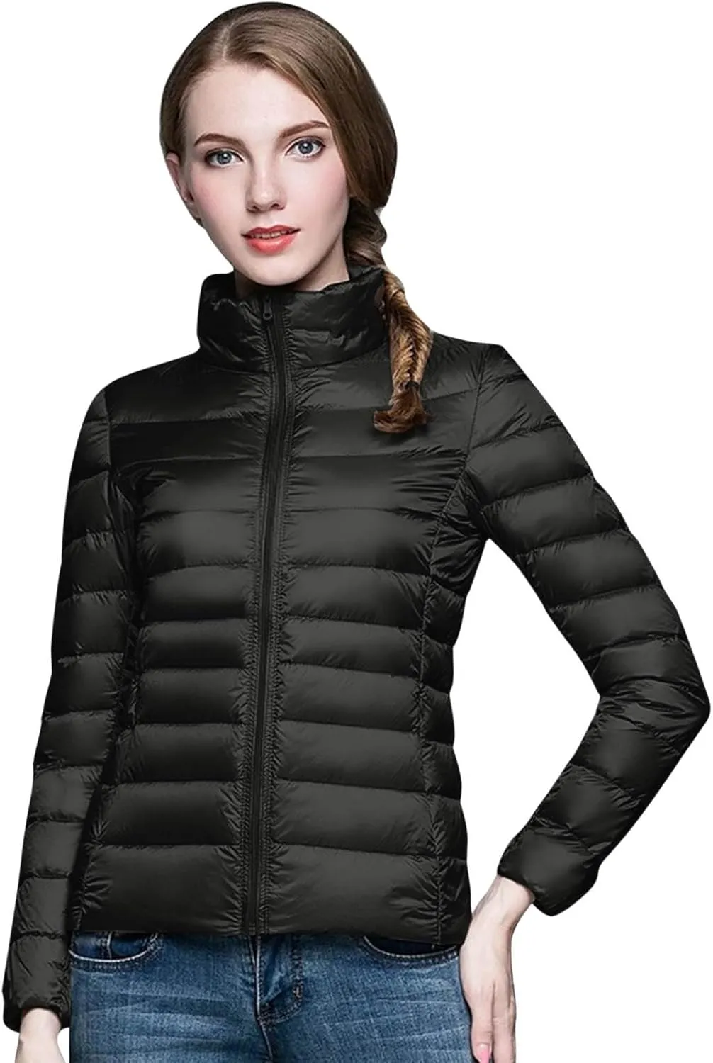 Womens Puffer Jacket Warm Hooded Down Jacket Packable Short Fall Jacket Zip Cardigan Winter Coats with Pockets