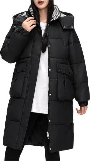 Womens Quilted Hooded Down Jacket Midium Length Plus Size Lightweight Puffer Coat Winter Warm Outfit with Pockets