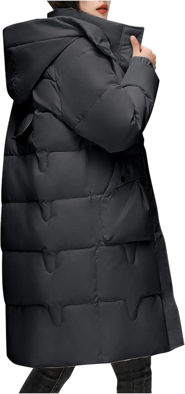 Womens Quilted Hooded Down Jacket Midium Length Plus Size Lightweight Puffer Coat Winter Warm Outfit with Pockets