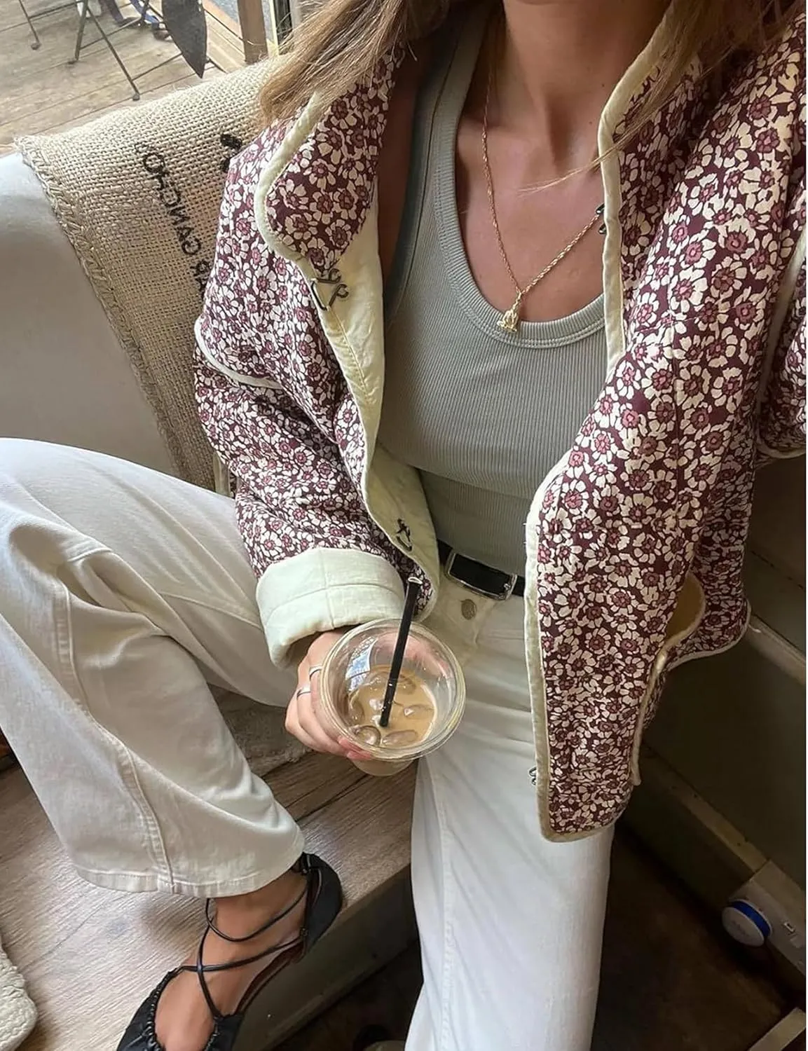 Women's Quilted Puffer Jacket Floral Printed Lightweight Cropped Open Front Cardigans Coats