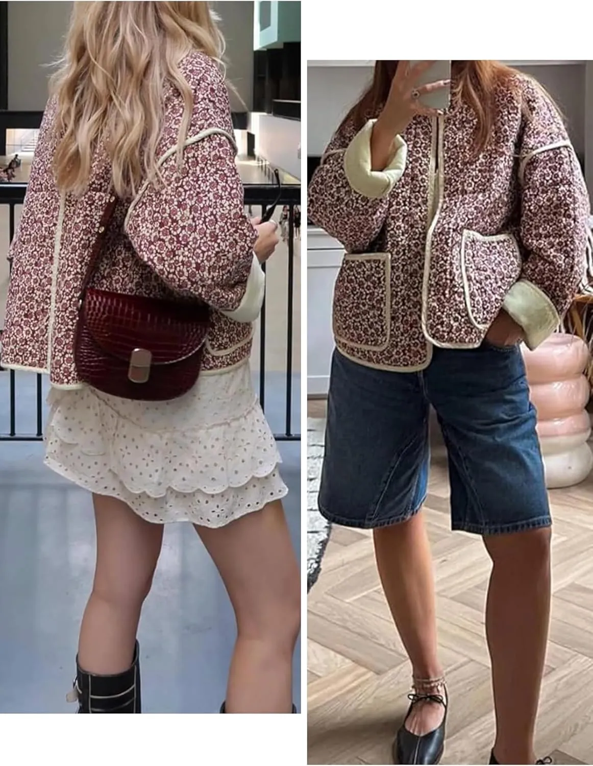 Women's Quilted Puffer Jacket Floral Printed Lightweight Cropped Open Front Cardigans Coats