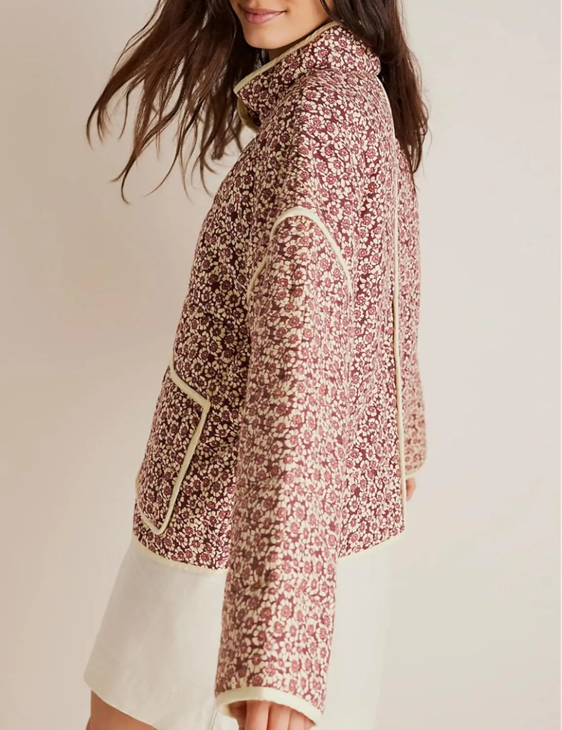 Women's Quilted Puffer Jacket Floral Printed Lightweight Cropped Open Front Cardigans Coats