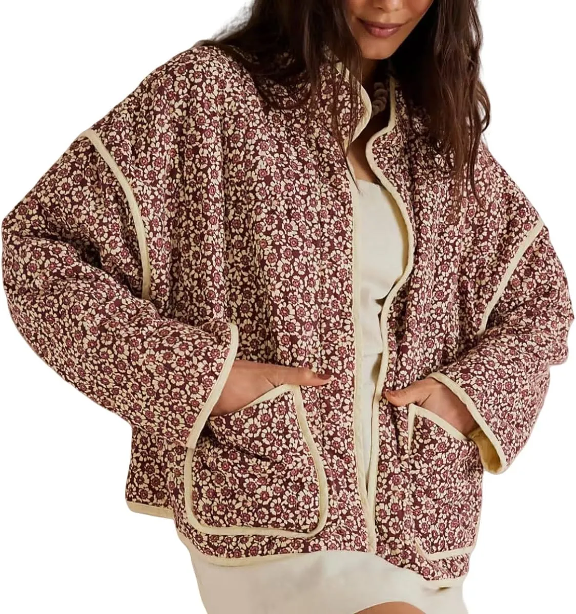 Women's Quilted Puffer Jacket Floral Printed Lightweight Cropped Open Front Cardigans Coats