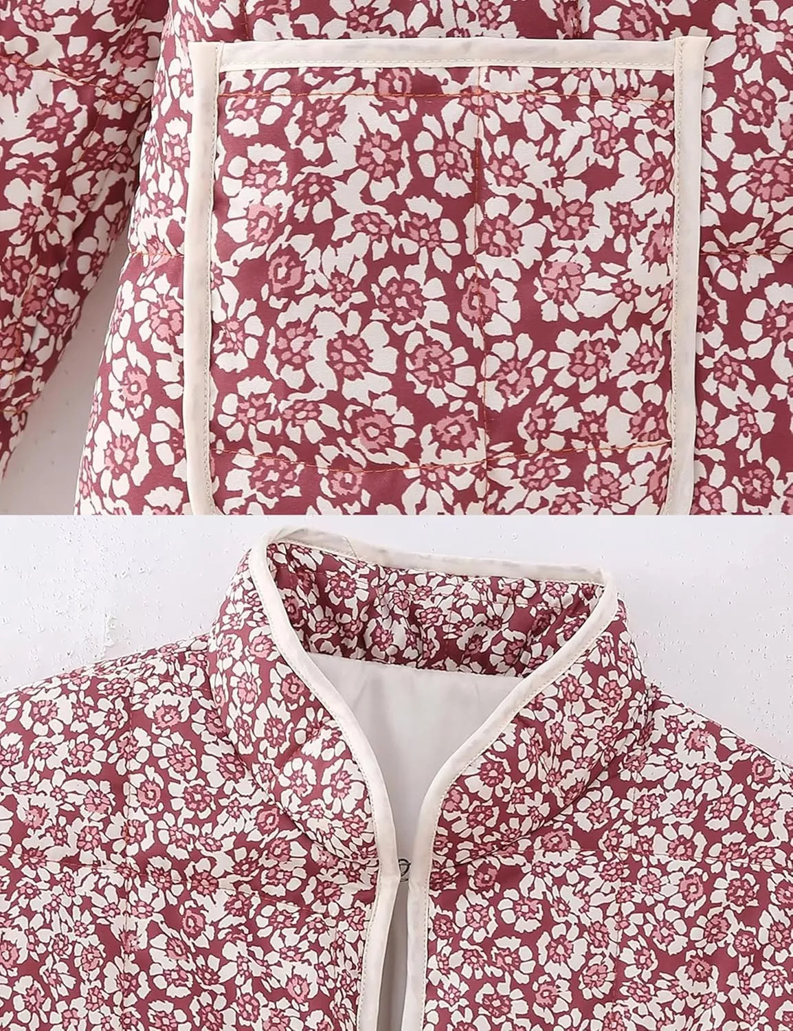 Women's Quilted Puffer Jacket Floral Printed Lightweight Cropped Open Front Cardigans Coats