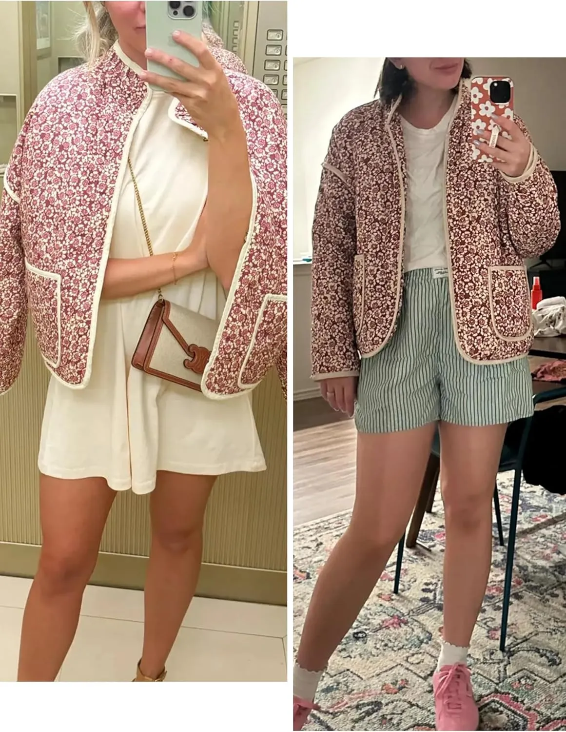 Women's Quilted Puffer Jacket Floral Printed Lightweight Cropped Open Front Cardigans Coats