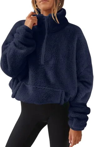 Womens Sherpa Half Zip Sweatshirts Casual Solid Polar Fleece Cropped Pullover Top Fuzzy Winter Jackets with Pockets