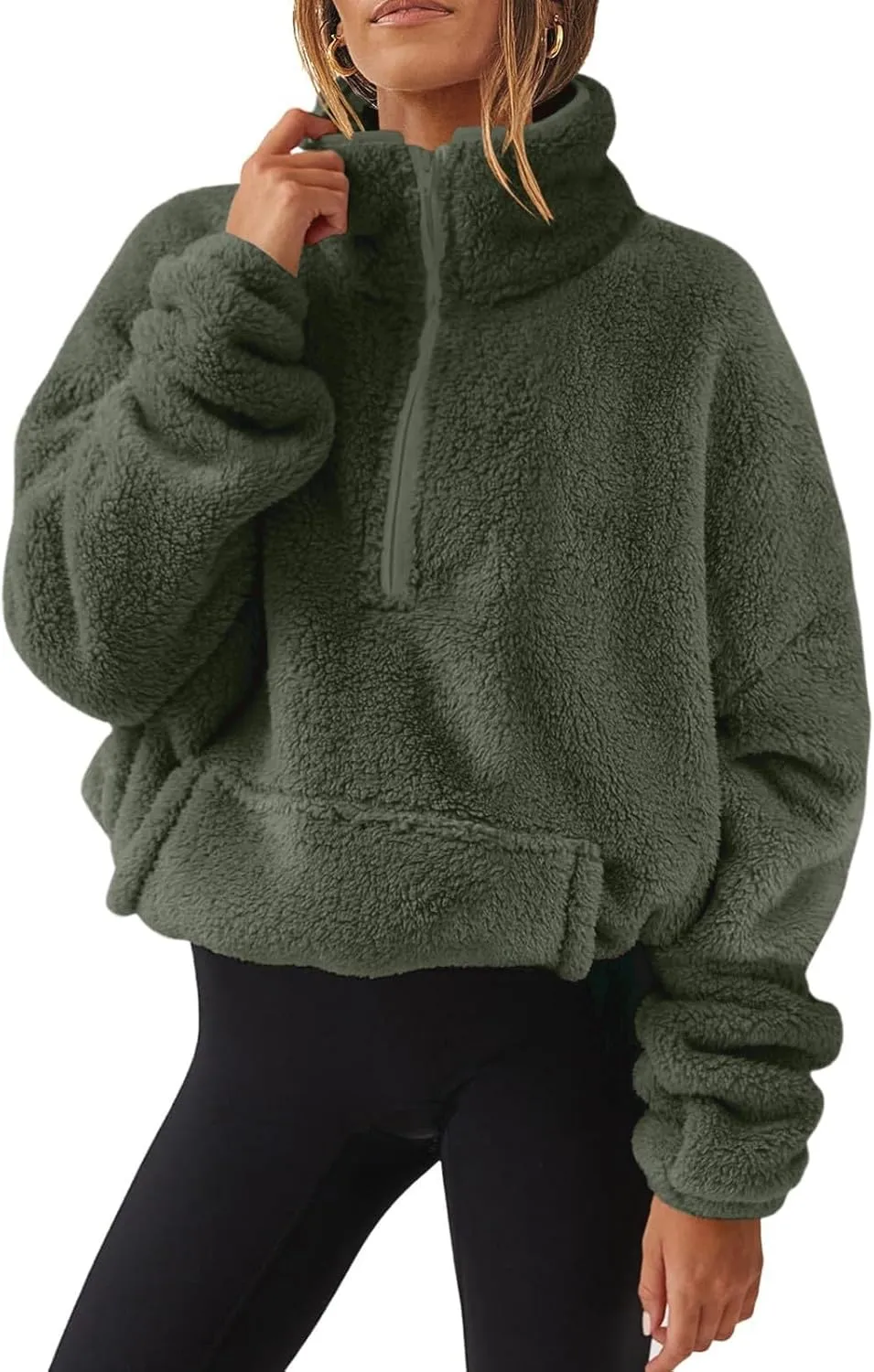 Womens Sherpa Half Zip Sweatshirts Casual Solid Polar Fleece Cropped Pullover Top Fuzzy Winter Jackets with Pockets
