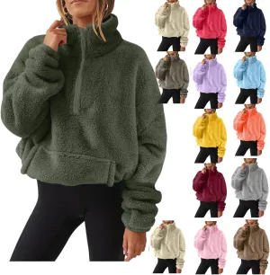 Womens Sherpa Half Zip Sweatshirts Casual Solid Polar Fleece Cropped Pullover Top Fuzzy Winter Jackets with Pockets