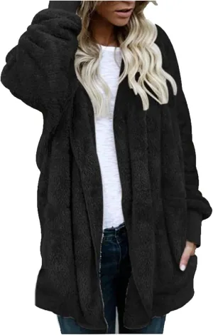 Womens Sherpa Jacket Fuzzy Fleece Oversized Open Front Cardigan Hooded Soft Fluffy Robe Winter Coats with Pockets