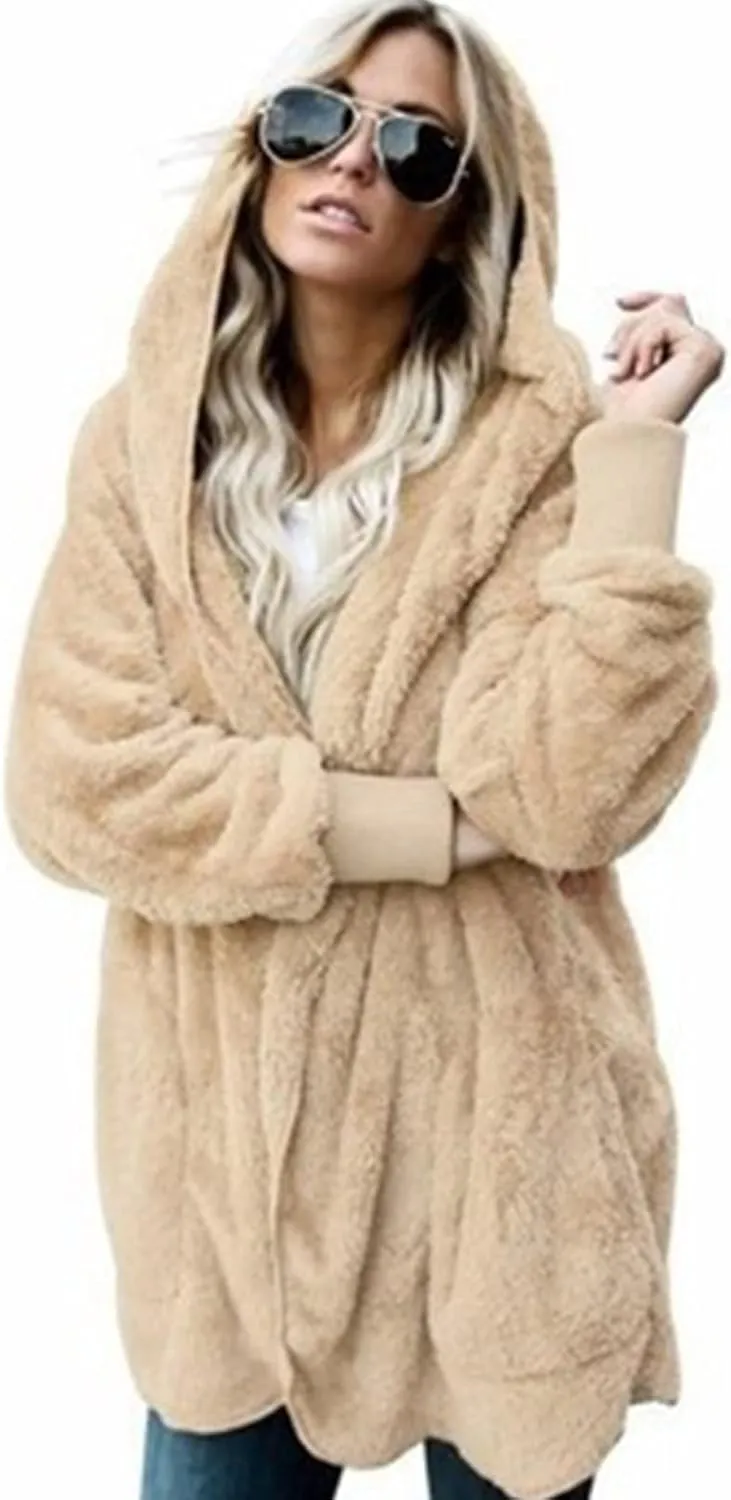 Womens Sherpa Jacket Fuzzy Fleece Oversized Open Front Cardigan Hooded Soft Fluffy Robe Winter Coats with Pockets