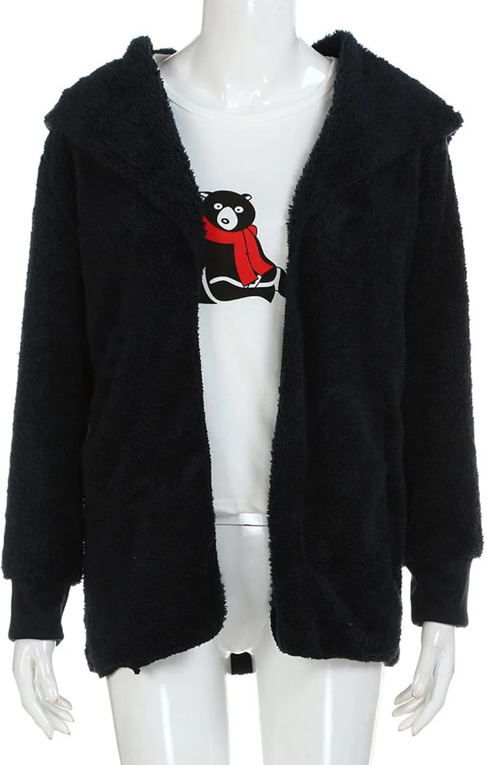 Womens Sherpa Jacket Fuzzy Fleece Oversized Open Front Cardigan Hooded Soft Fluffy Robe Winter Coats with Pockets