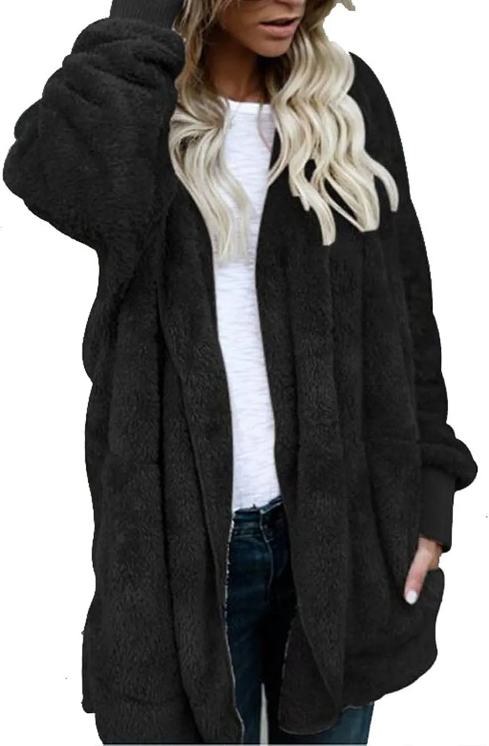 Womens Sherpa Jacket Fuzzy Fleece Oversized Open Front Cardigan Hooded Soft Fluffy Robe Winter Coats with Pockets