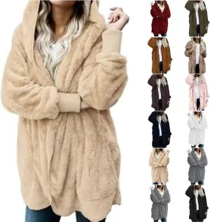 Womens Sherpa Jacket Fuzzy Fleece Oversized Open Front Cardigan Hooded Soft Fluffy Robe Winter Coats with Pockets