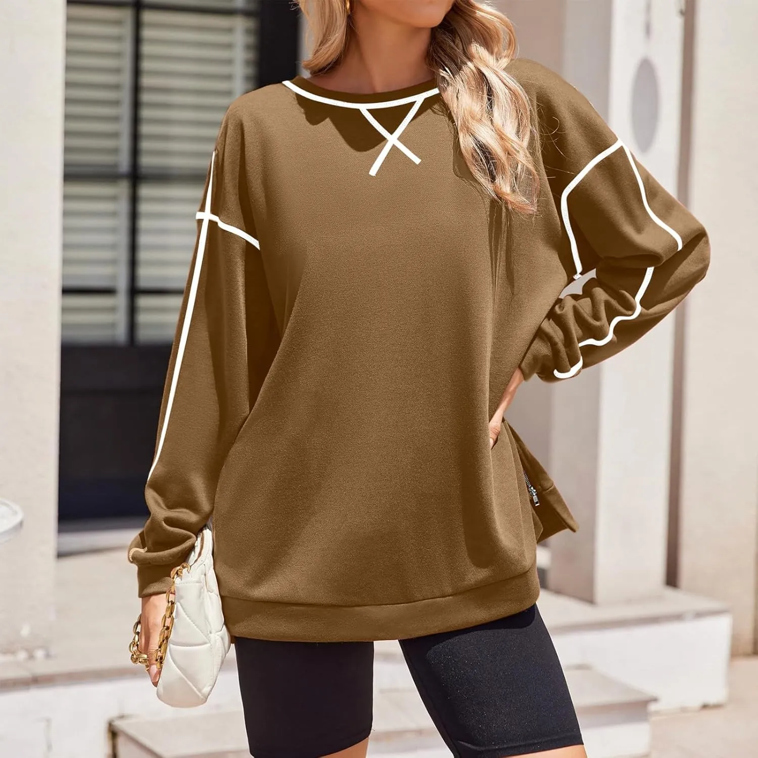 Women's Side Zipper Oversize Sweatshirts Crewneck Pullover Trendy Solid Color Long Sleeve Casual Soft Sweatshirt Tops