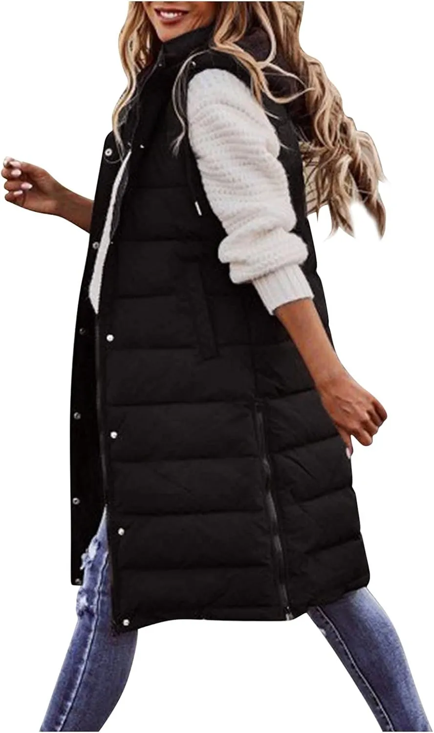 Womens Sleveless Long Vest Puffer Hoodies Quilted Vest Oversized Outdoor Puffer Down Coat Thickened Winter Warm Jacket