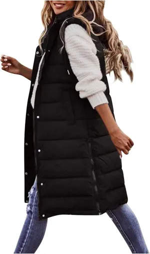 Womens Sleveless Long Vest Puffer Hoodies Quilted Vest Oversized Outdoor Puffer Down Coat Thickened Winter Warm Jacket
