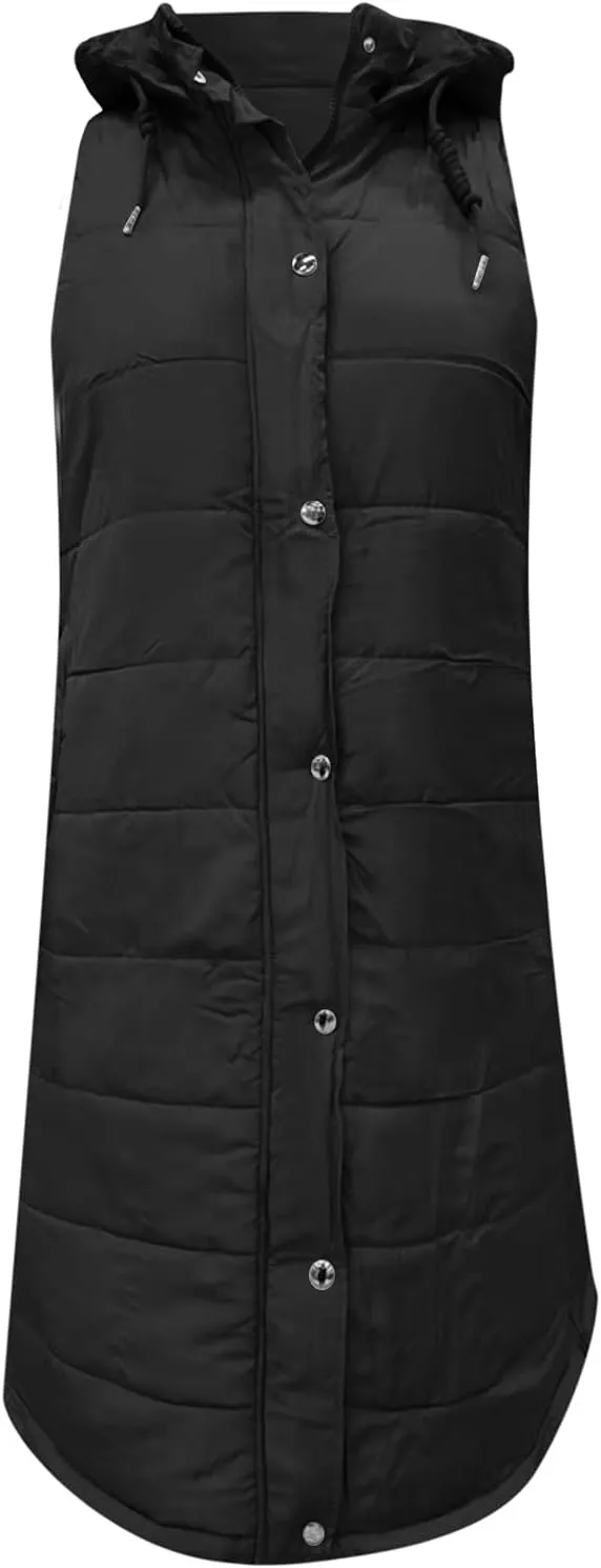 Womens Sleveless Long Vest Puffer Hoodies Quilted Vest Oversized Outdoor Puffer Down Coat Thickened Winter Warm Jacket