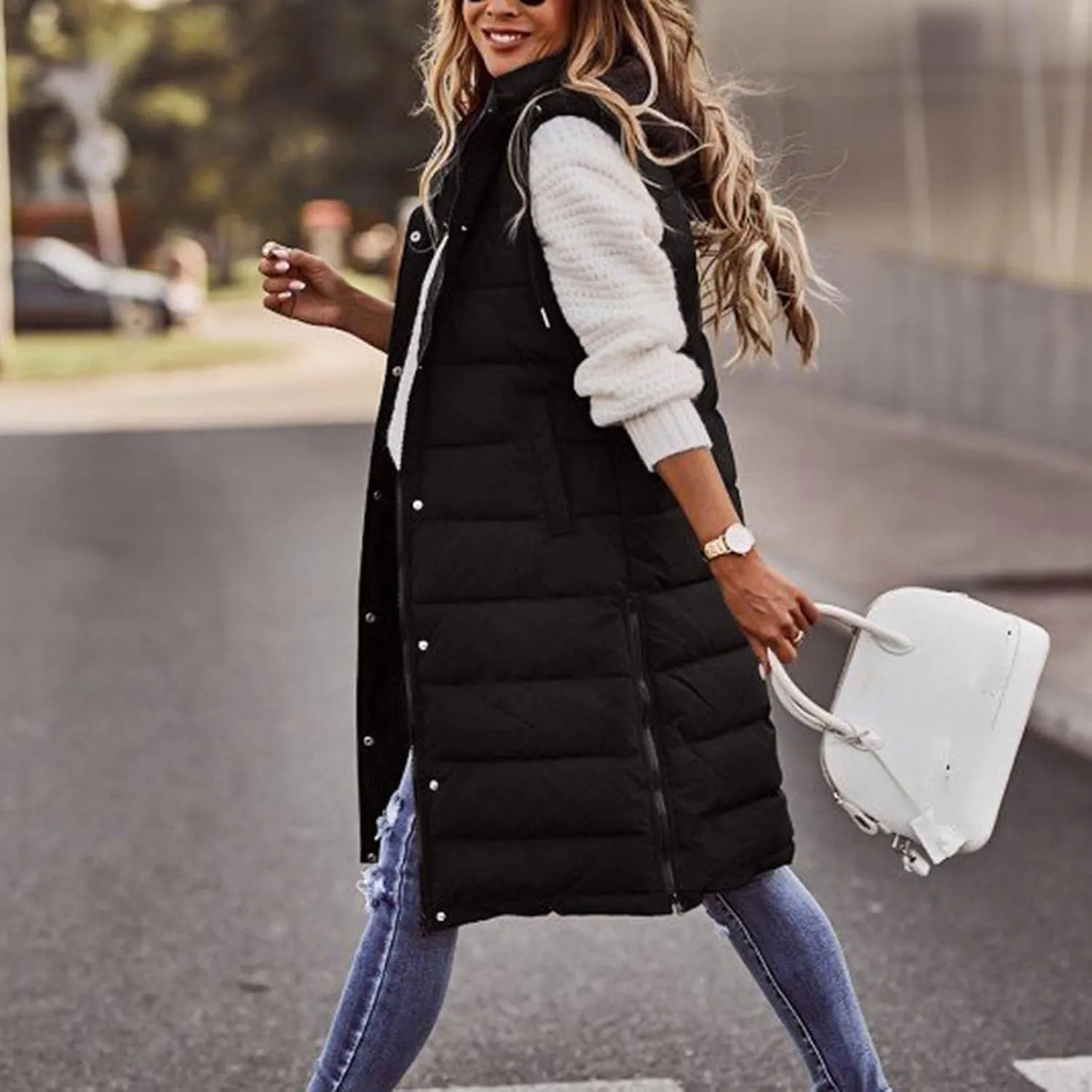 Womens Sleveless Long Vest Puffer Hoodies Quilted Vest Oversized Outdoor Puffer Down Coat Thickened Winter Warm Jacket