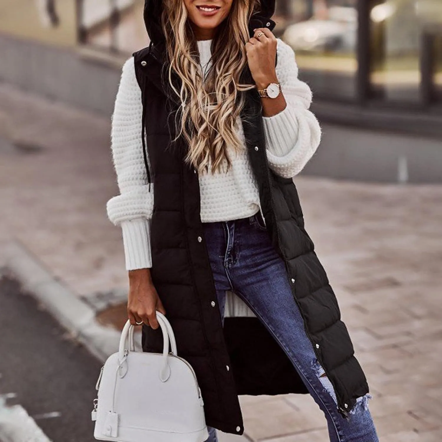 Womens Sleveless Long Vest Puffer Hoodies Quilted Vest Oversized Outdoor Puffer Down Coat Thickened Winter Warm Jacket