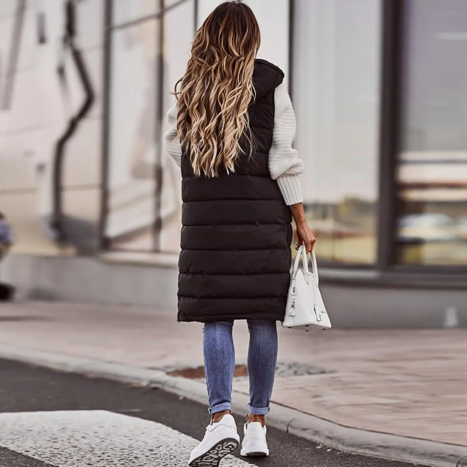 Womens Sleveless Long Vest Puffer Hoodies Quilted Vest Oversized Outdoor Puffer Down Coat Thickened Winter Warm Jacket