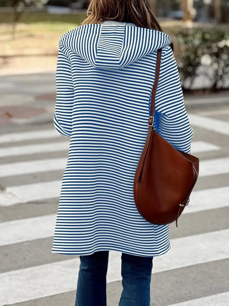 Womens Striped Cardigan Jacket with Hood Button Down Long Jackets Fashion Wool Blend Coat