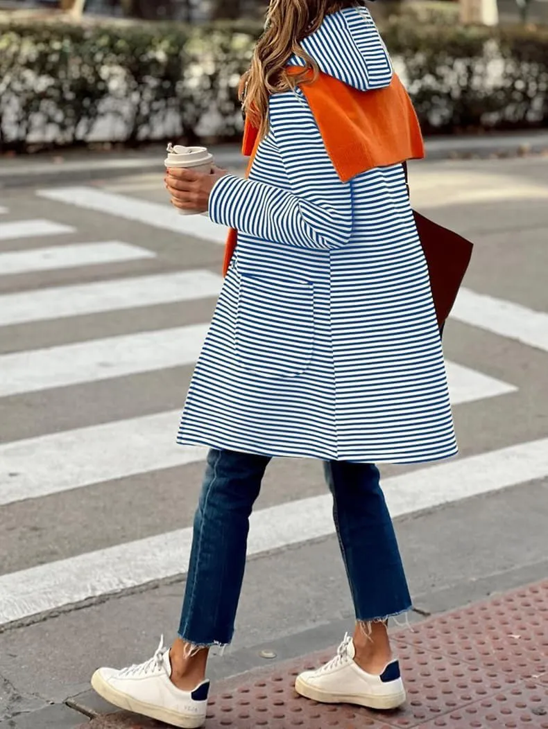 Womens Striped Cardigan Jacket with Hood Button Down Long Jackets Fashion Wool Blend Coat
