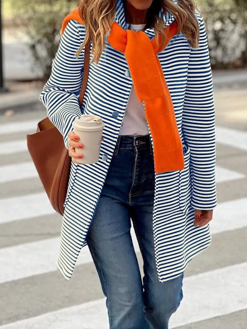 Womens Striped Cardigan Jacket with Hood Button Down Long Jackets Fashion Wool Blend Coat